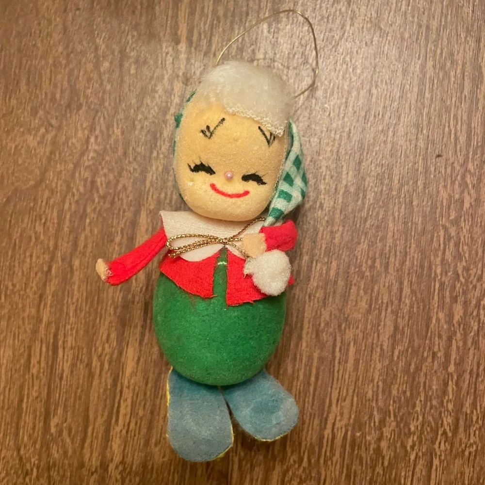Vintage Christmas Flocked Felt Collectible Snowbaby Pixie Doll Ornament Xmas 60s